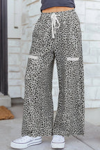 Women's animal print wide-leg terry knit pants with drawstring waist, casual and comfortable fashion by Trendsi.