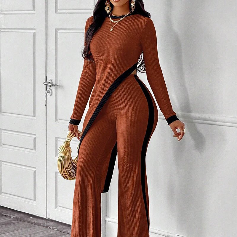 Women’s asymmetrical top and pants casualwear set by Plush Fashion Hub, featuring stylish, comfortable fabric and modern design.