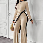 Women’s casualwear set featuring an asymmetrical top and matching pants by Plush Fashion Hub, shown in a stylish, relaxed fit.