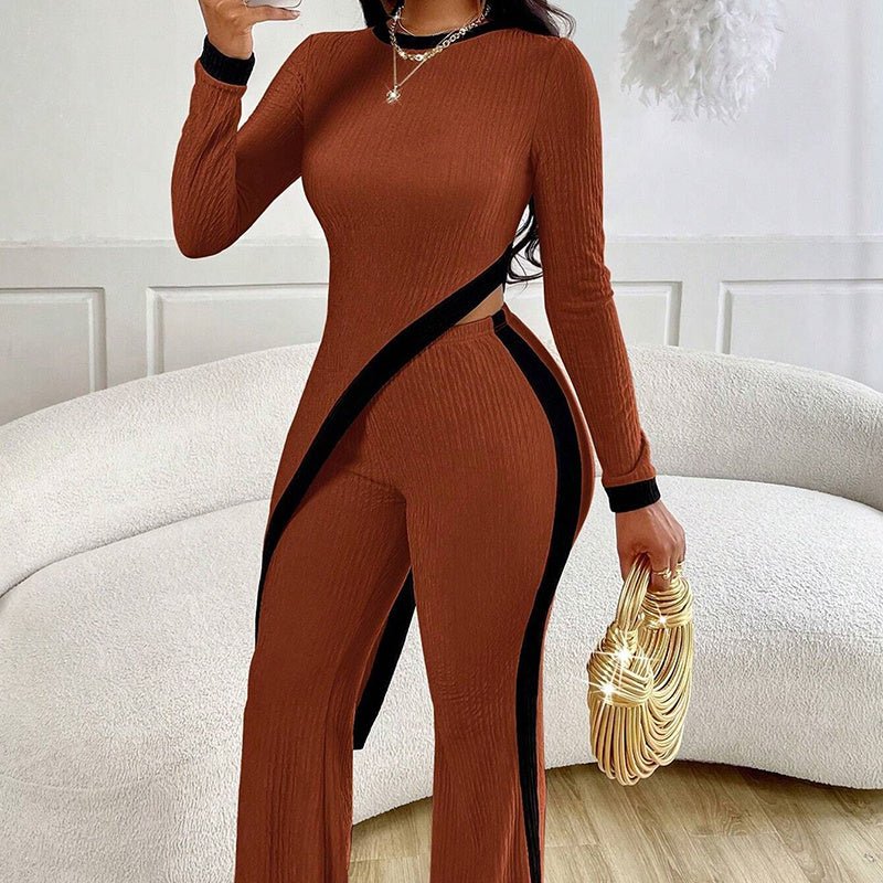 Women’s asymmetrical top and pants set in casualwear style from Plush Fashion Hub, featuring stylish, comfortable clothing for women.