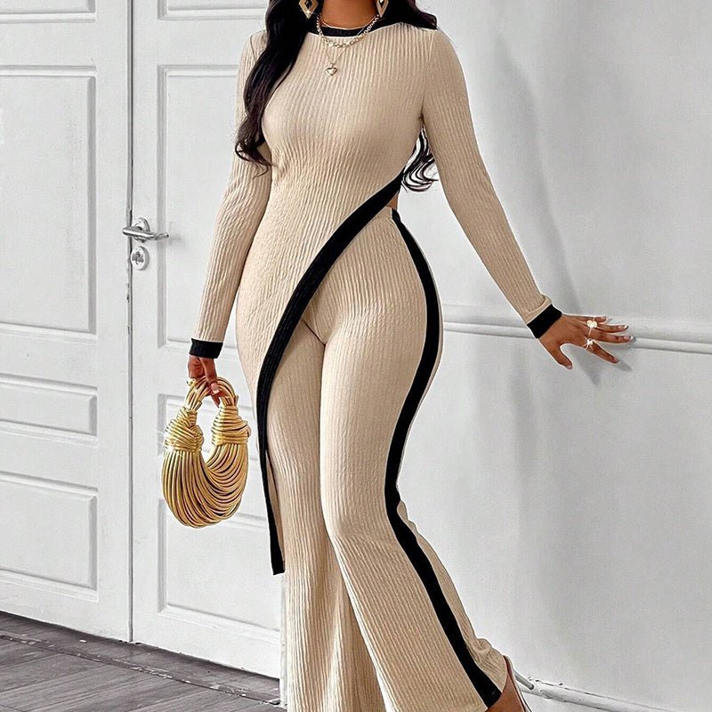 Women’s casualwear asymmetrical top and pants set by Plush Fashion Hub, featuring stylish, comfortable fabric and modern design.