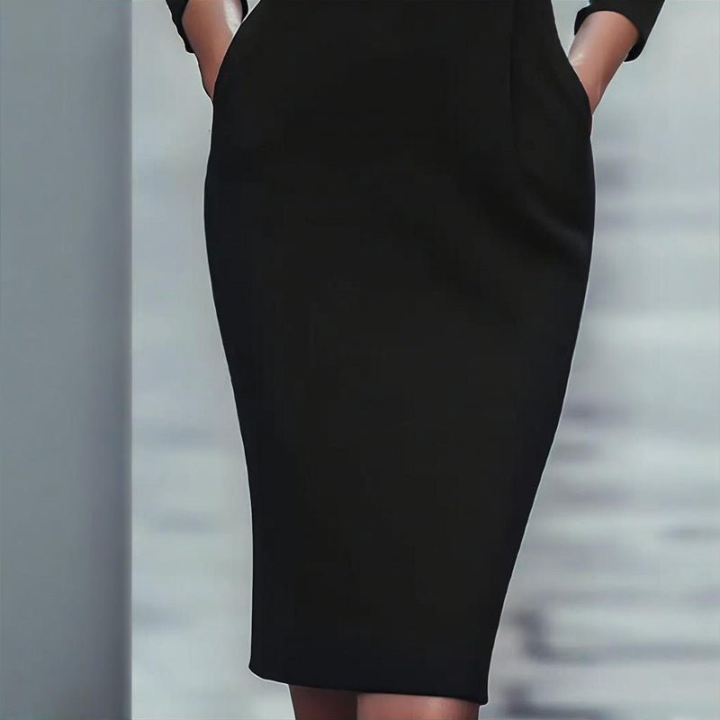 Women’s black bodycon midi dress by Plush Fashion Hub, showcasing a fitted casualwear dress with a sleek, elegant silhouette.