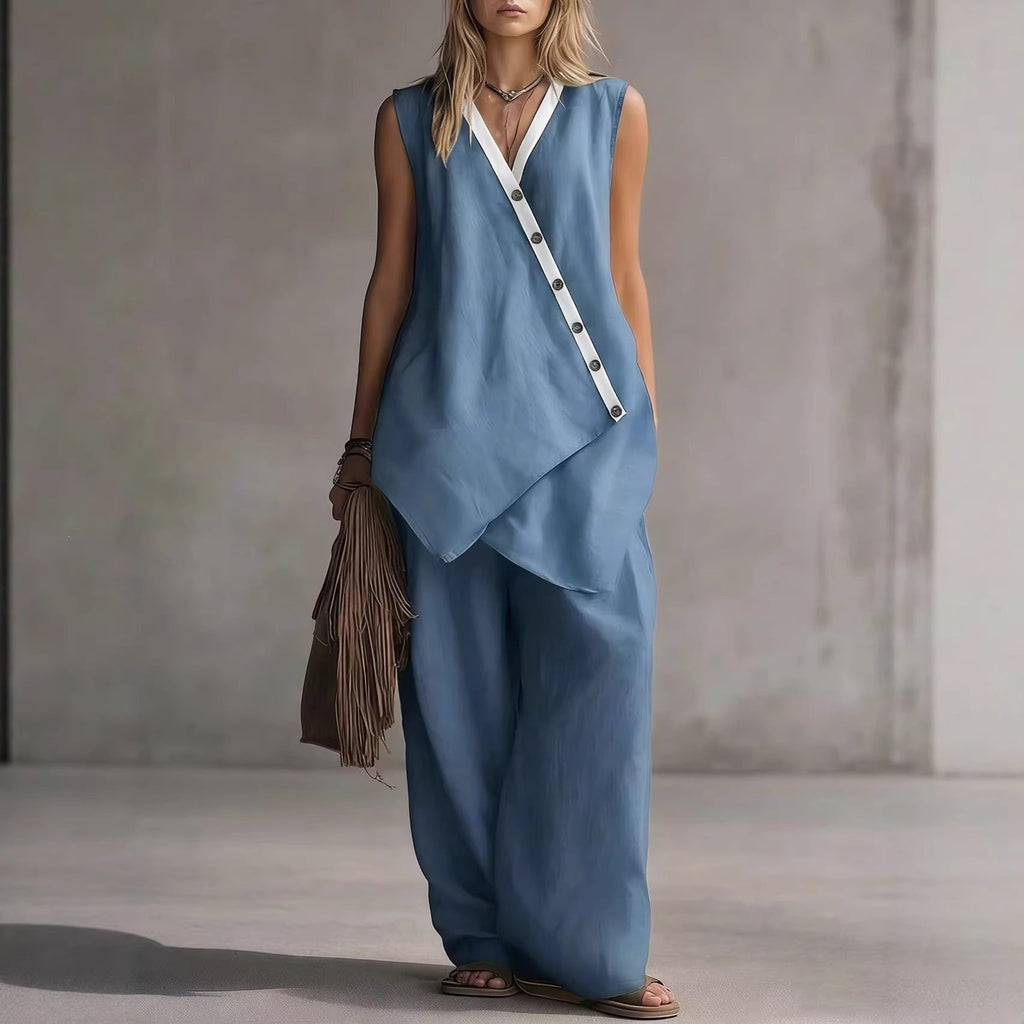 Women’s boho V-neck button vest and wide-leg pants set by Plush Fashion Hub, featuring relaxed casualwear style and comfortable fit.