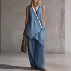 Women’s boho V-neck button vest and wide-leg pants set by Plush Fashion Hub, featuring relaxed casualwear style and comfortable fit.
