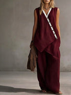 Women's boho V-neck button vest and wide-leg pants set by Plush Fashion Hub, casualwear with relaxed, stylish fit.