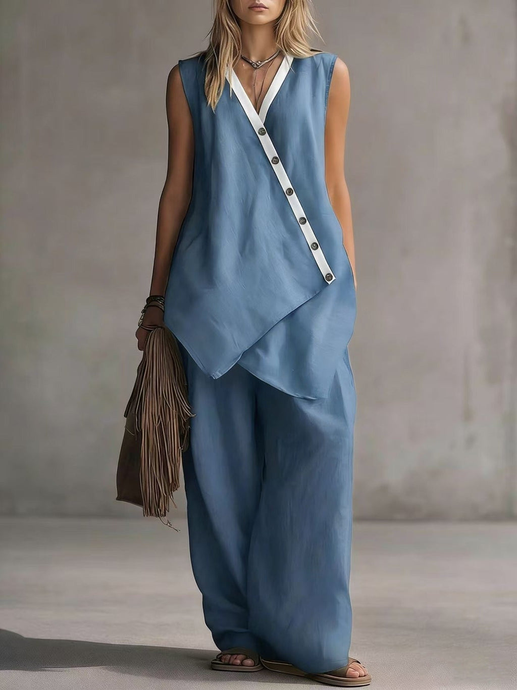 Women's boho V-neck button vest and wide-leg pants set by Plush Fashion Hub, casualwear with relaxed fit and stylish design.