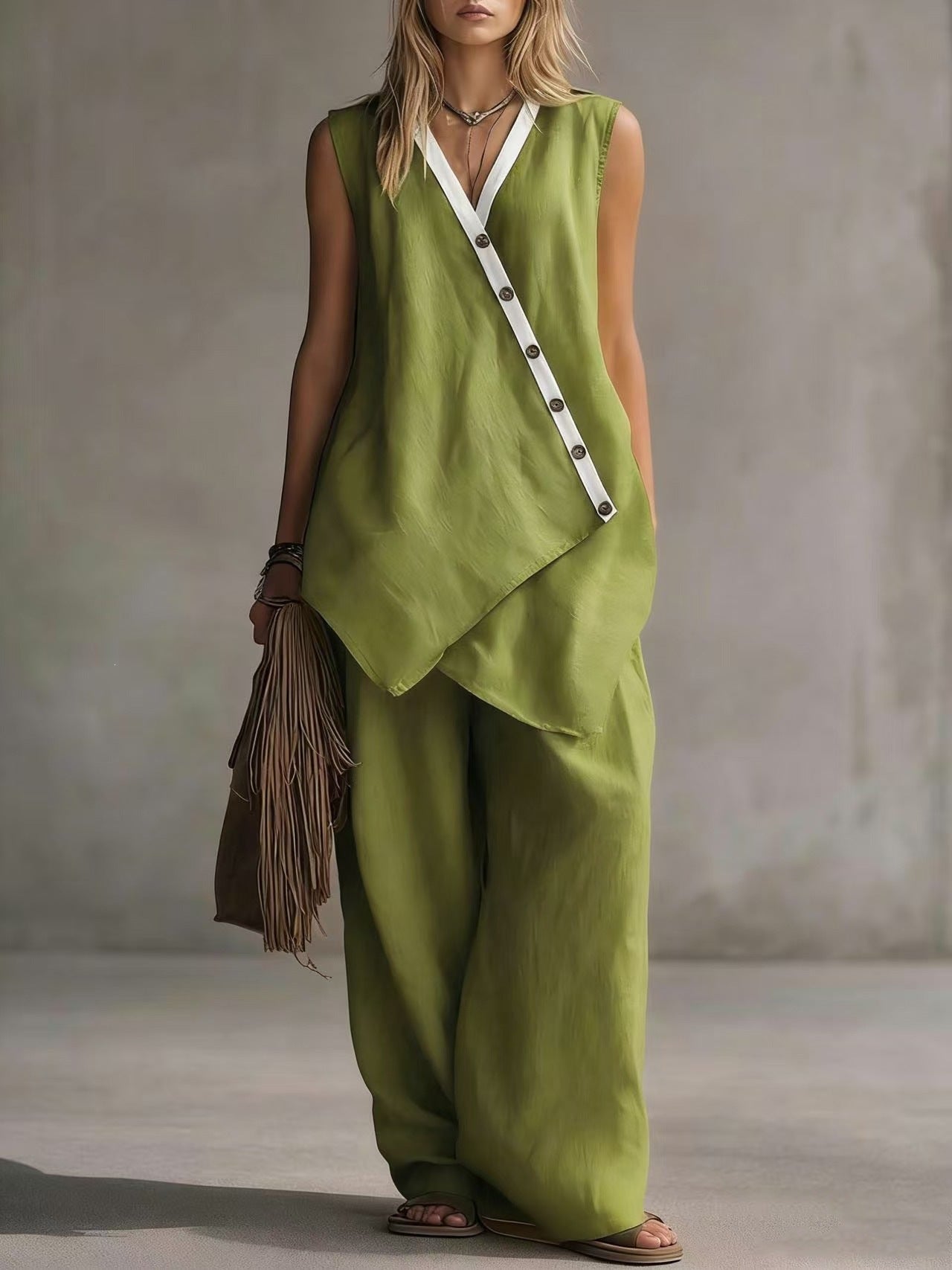 Women's boho V-neck button vest and wide-leg pants set by Plush Fashion Hub, featuring casual, stylish, comfortable design.