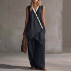 Women's boho V-neck button vest and wide-leg pants set by Plush Fashion Hub, casualwear with relaxed fit and stylish design.