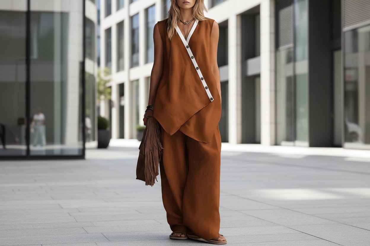 Women's boho V-neck button vest and wide-leg pants set by Plush Fashion Hub, featuring casual stylish wear with relaxed fit.