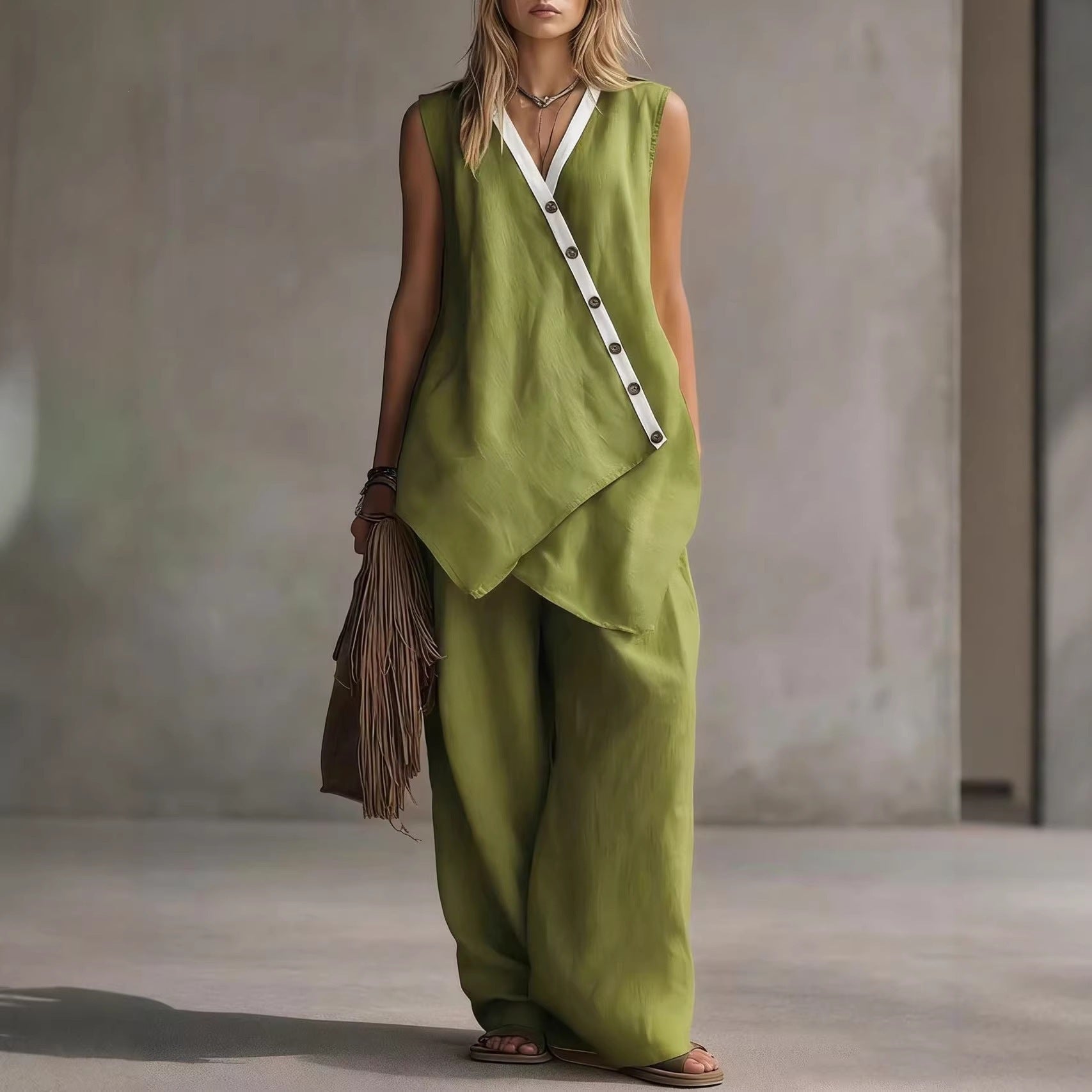 Women's boho V-neck button vest and wide-leg pants set by Plush Fashion Hub, casualwear ensemble with relaxed fit and stylish details.