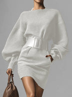 Women’s brown bodycon mini dress with boat neck and long sleeves, casualwear by Plush Fashion Hub.