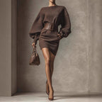 Women's brown bodycon mini dress with boat neck and long sleeves, casualwear by Plush Fashion Hub.
