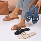 Women's open toe flat sandals with buckle decor, made of comfortable PU leather slip-ons, stylish and easy to wear.