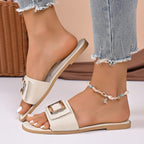 Women's open-toe flat sandals with buckle decor, made of comfortable PU leather slip-ons by Trendsi.