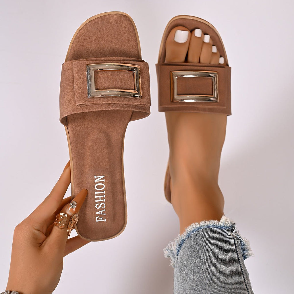 Women's open toe flat sandals with buckle decor and slip-on design, made from comfortable PU leather by Trendsi.