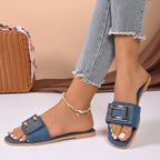 Women's open-toe flat sandals with buckle decor, slip-on design, made of comfortable PU leather by Trendsi.