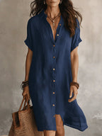 Women's short sleeve buttoned midi shirt dress in cotton and linen by Plush Fashion Hub, perfect for casual wear.
