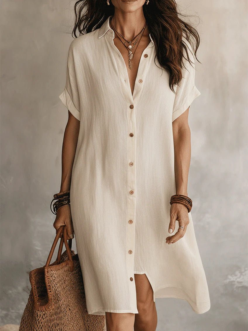 Women’s short sleeve buttoned midi shirt dress by Plush Fashion Hub, made of cotton and linen, perfect for casual wear.