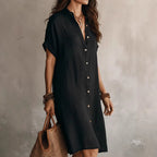 Women's short sleeve buttoned midi shirt dress in linen and cotton by Plush Fashion Hub, casualwear with a relaxed fit.