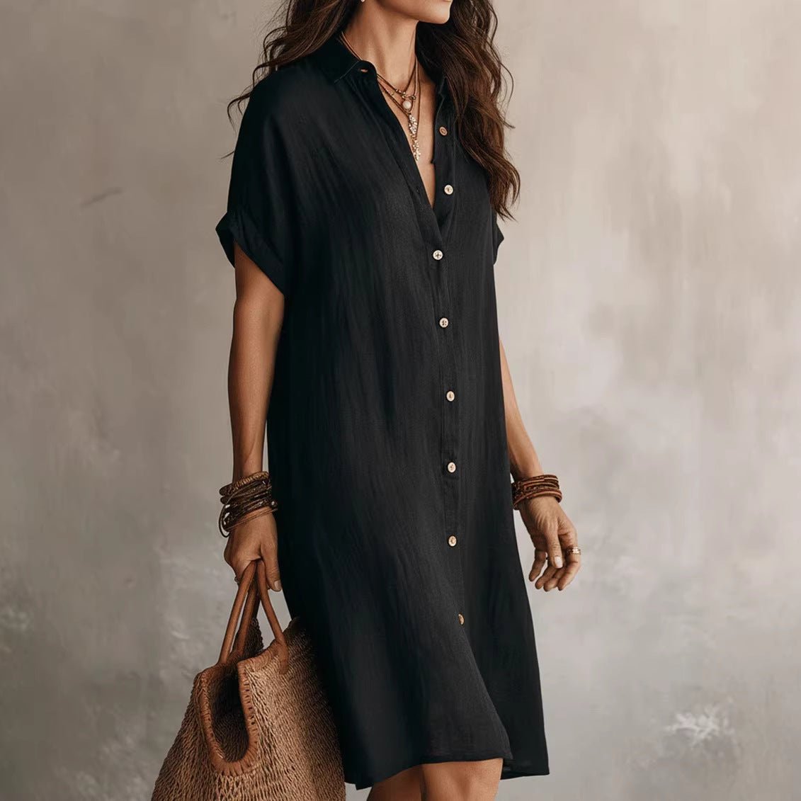 Women's short sleeve buttoned midi shirt dress in linen and cotton by Plush Fashion Hub, casualwear with a relaxed fit.