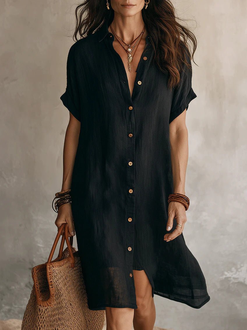 Women's short sleeve buttoned midi shirt dress by Plush Fashion Hub, made of cotton and linen, casualwear style.