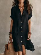 Women's short sleeve buttoned midi shirt dress by Plush Fashion Hub, made of cotton and linen, casualwear style.