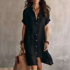 Women's short sleeve buttoned midi shirt dress in cotton and linen fabric, casualwear from Plush Fashion Hub.