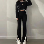 Women’s casual color-block two-piece set by Plush Fashion Hub, featuring a trendy matching top and pants in vibrant colors.