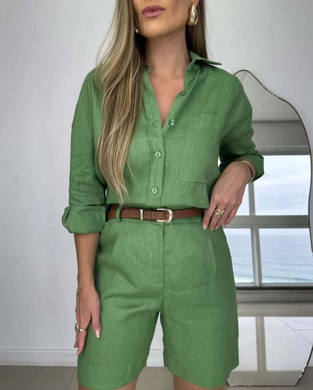 Women’s casual long-sleeve shirt and shorts set in cotton by Plush Fashion Hub, comfortable 2-piece casualwear ensemble.