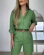 Women’s casual long-sleeve shirt and shorts set in cotton by Plush Fashion Hub, comfortable 2-piece casualwear ensemble.