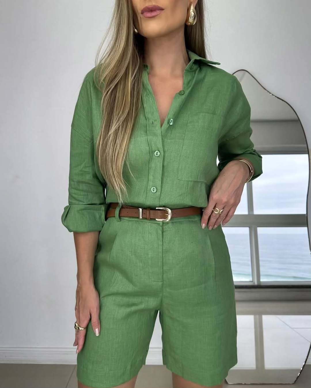 Women’s casual long-sleeve shirt and shorts set in cotton by Plush Fashion Hub, comfortable 2-piece casualwear ensemble.