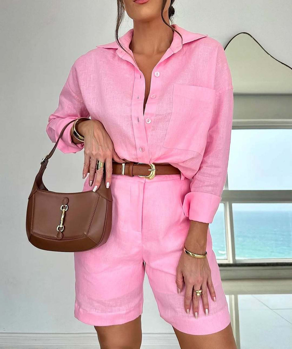 Women's casual cotton long-sleeve shirt and shorts set by Plush Fashion Hub, featuring a comfortable, relaxed 2-piece outfit.