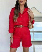 Women's casual long-sleeve cotton shirt and shorts set by Plush Fashion Hub, displayed on a model for comfortable everyday wear.