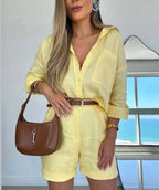 Women’s casual cotton long-sleeve shirt and shorts set from Plush Fashion Hub, featuring a comfortable, stylish 2-piece outfit.