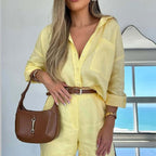 Women’s casual cotton long-sleeve shirt and shorts set by Plush Fashion Hub, styled for relaxed, comfortable everyday wear.