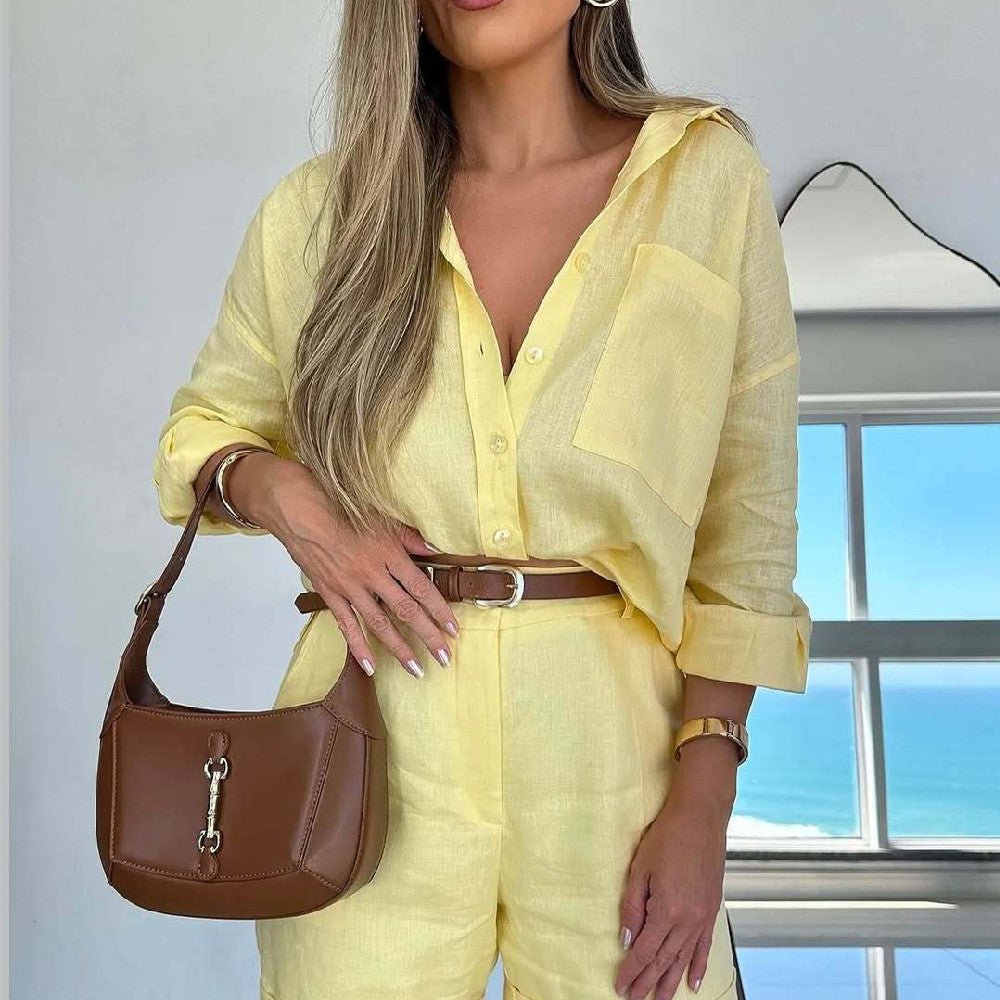 Women’s casual cotton long-sleeve shirt and shorts set by Plush Fashion Hub, styled for relaxed, comfortable everyday wear.