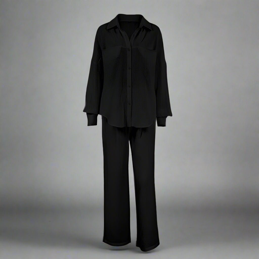 Women's casual solid color lounge set by Plush Fashion Hub, featuring a comfortable, relaxed-fit top and pants in soft fabric.