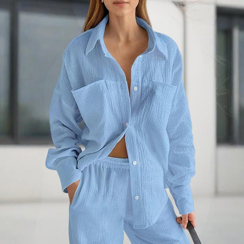 Women's casual solid color lounge set by Plush Fashion Hub, featuring relaxed fit top and matching pants for comfortable casualwear.