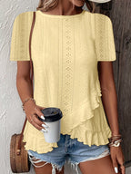 Women’s casual solid color short sleeve crew neck top by Plush Fashion Hub, shown in a relaxed fit with a classic crew neckline.