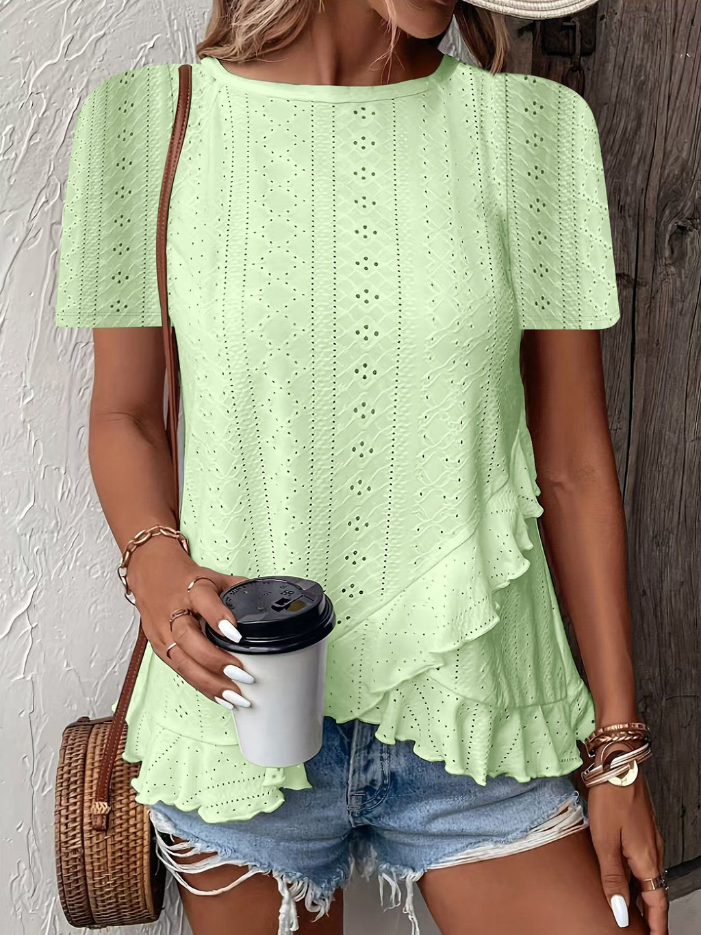Women’s casual solid color short sleeve crew neck top by Plush Fashion Hub, featuring a relaxed fit and classic design.