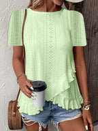 Women’s casual solid color short sleeve crew neck top by Plush Fashion Hub, featuring a relaxed fit and classic design.