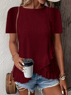 Women’s casual solid color short sleeve crew neck top by Plush Fashion Hub, shown in a relaxed fit with a classic crew neckline.