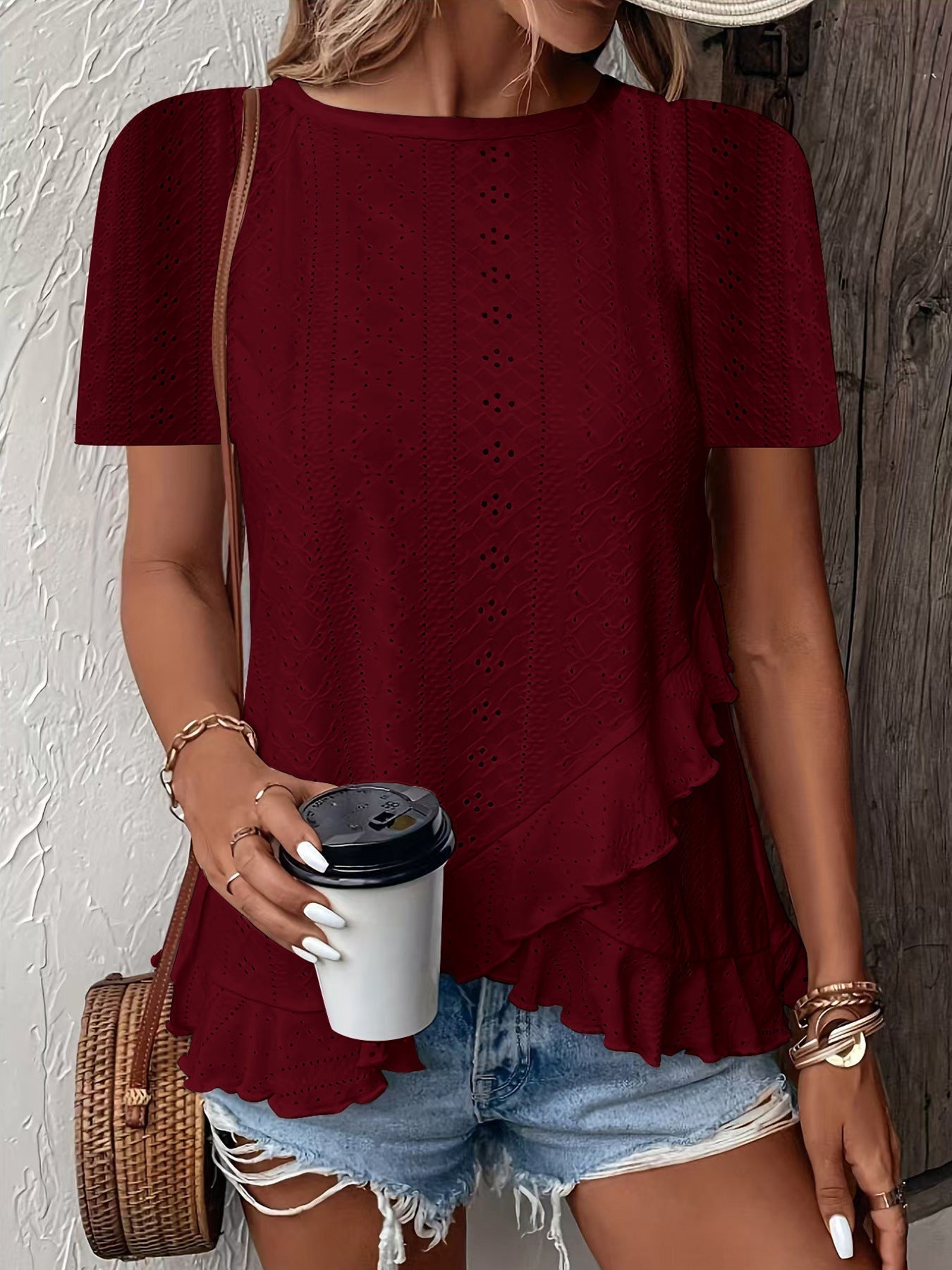 Women’s casual solid color short sleeve crew neck top by Plush Fashion Hub, shown in a relaxed fit with a classic crew neckline.