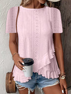 Women’s casual solid color short sleeve crew neck top by Plush Fashion Hub, displayed on a model. Perfect for everyday wear.