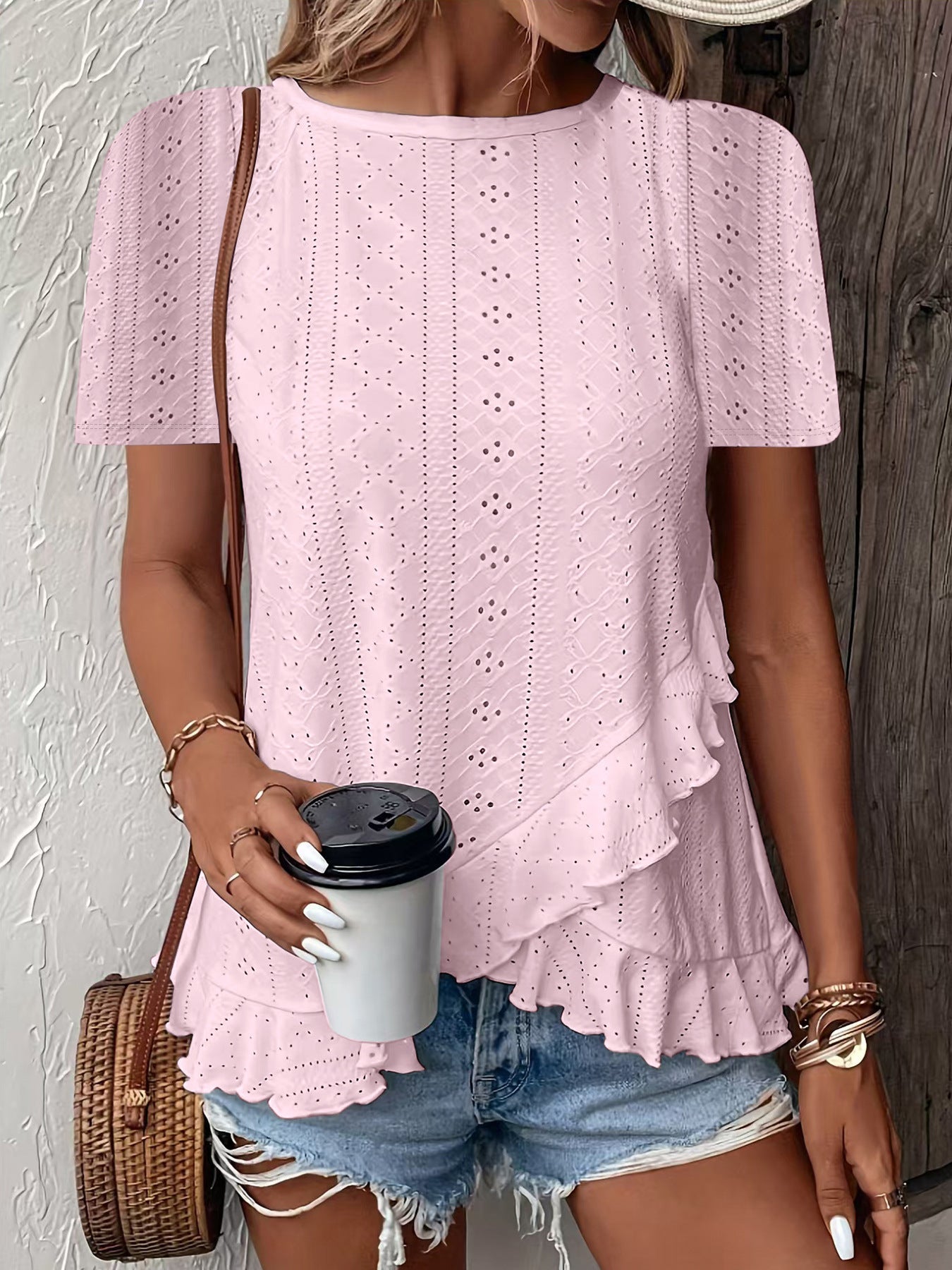 Women’s casual solid color short sleeve crew neck top by Plush Fashion Hub, displayed on a model. Perfect for everyday wear.