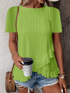 Women’s casual solid color short sleeve crew neck top by Plush Fashion Hub, featuring a comfortable fit and classic style.