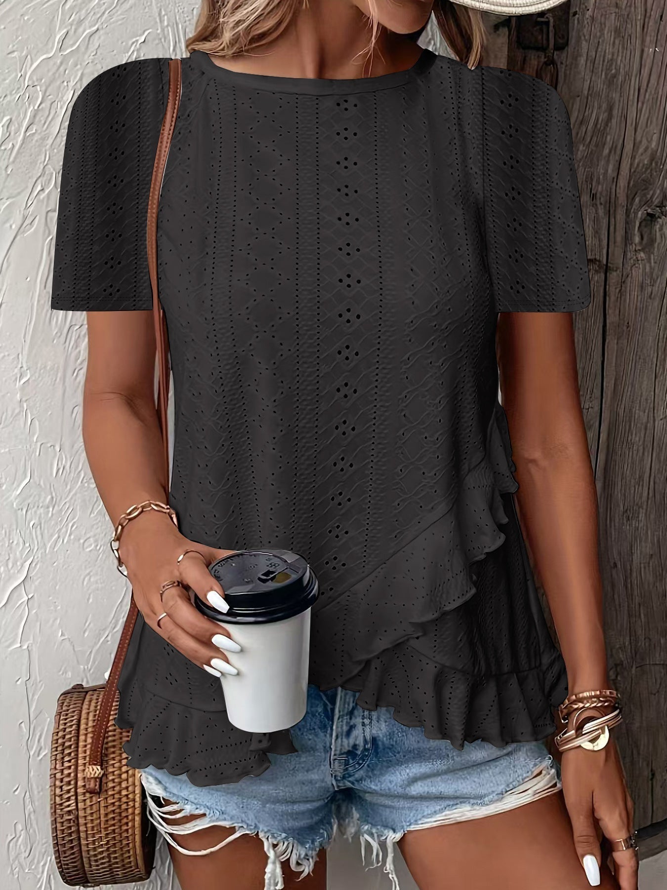 Women’s casual solid color short sleeve crew neck top by Plush Fashion Hub, lightweight and comfortable for everyday wear.