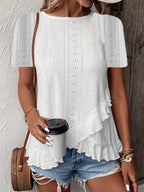 Women’s casual solid color short sleeve crew neck top by Plush Fashion Hub, displayed on a model, perfect for everyday wear.