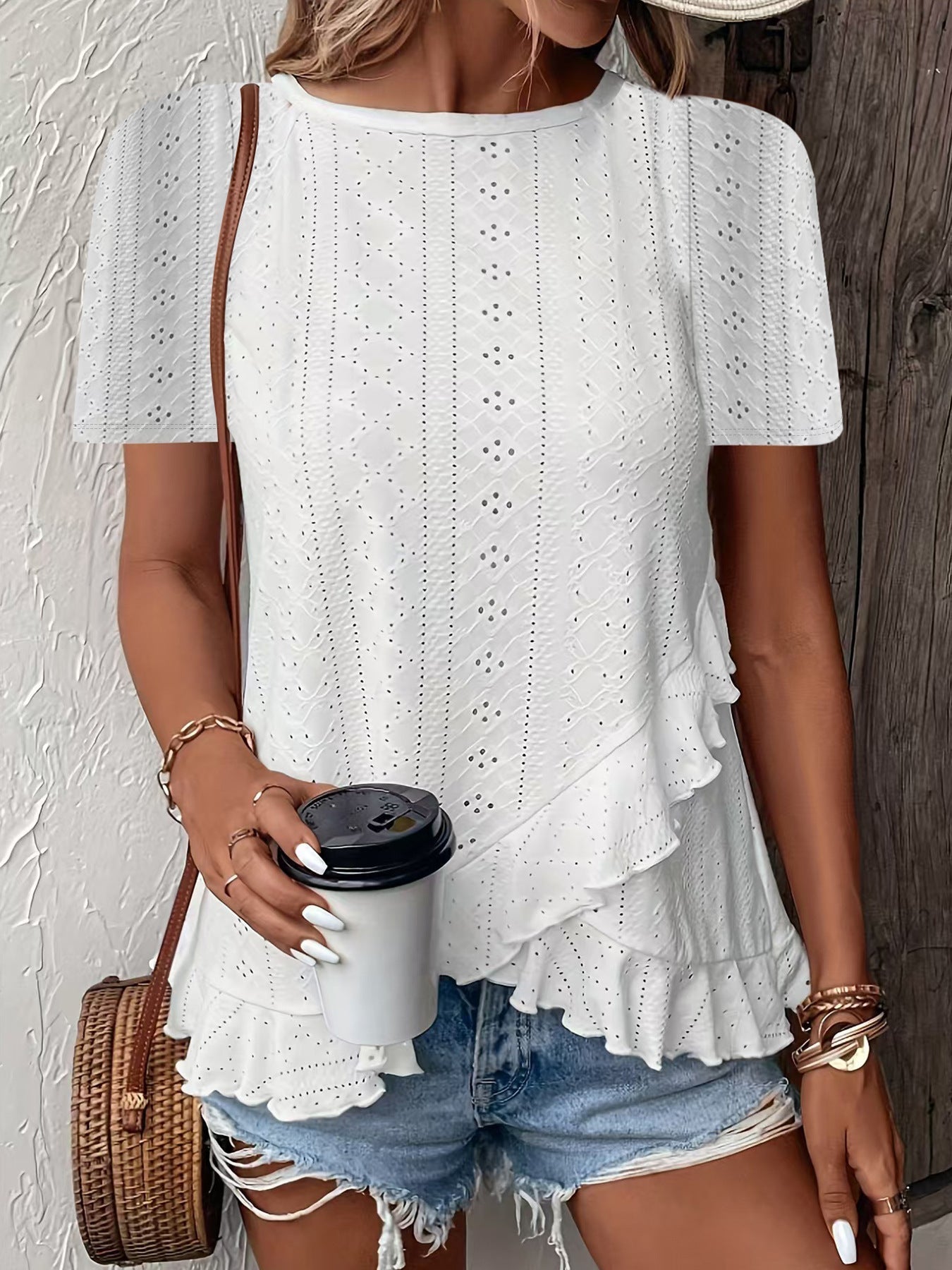 Women’s casual solid color short sleeve crew neck top by Plush Fashion Hub, displayed on a model, perfect for everyday wear.