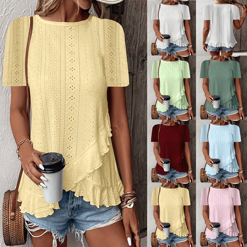 Women’s casual solid color short sleeve crew neck top by Plush Fashion Hub, displayed on a model, ideal for everyday wear.